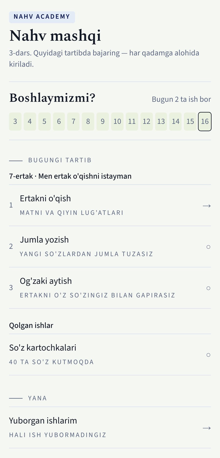 Kabinet: bugungi tartib — ertakni oʻqish, jumla yozish, ogʻzaki aytish